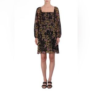 BCBG Paris Women's Smocked Long Sleeve Patterned Dress Spray Garden Sz Med